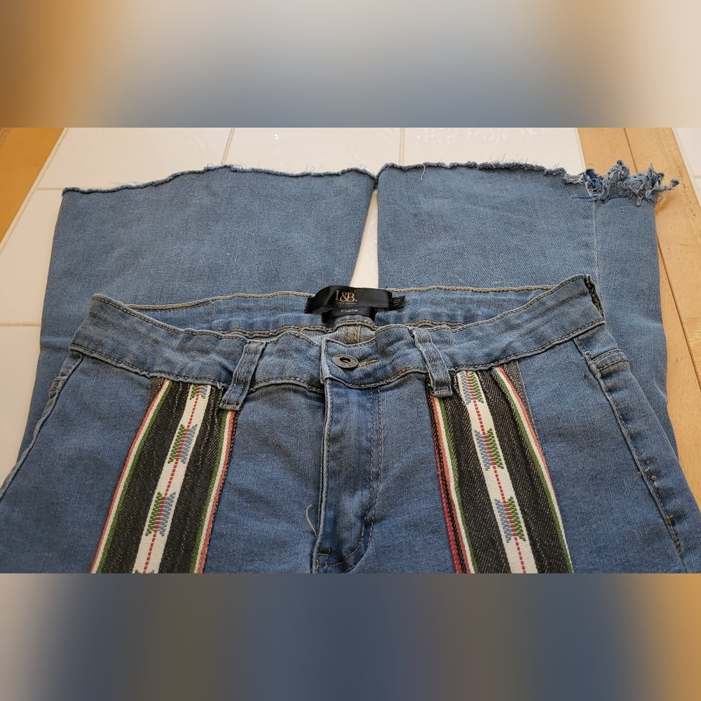 Lucky & Blessed Blue Denim Wide-Leg Jeans with Multicolor Stripe Detail